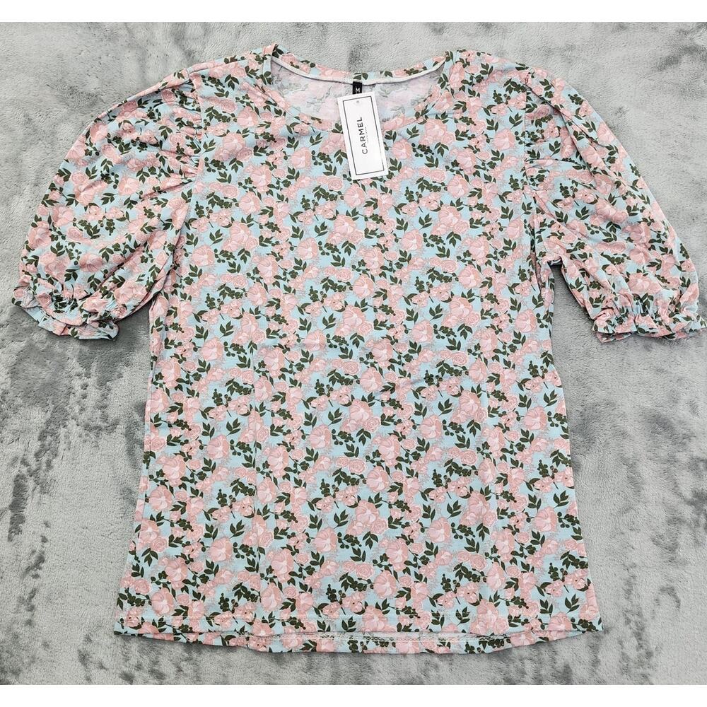 NEW Carmel‎ CRML Top Womens M Blue Pink Floral Crew Neck Puffy Sleeve Stretch